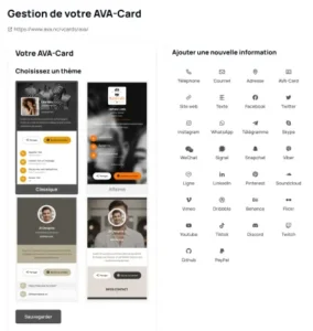 Interface du tableau de bord AVA permettant la création et personnalisation du design d'une carte de visite numérique